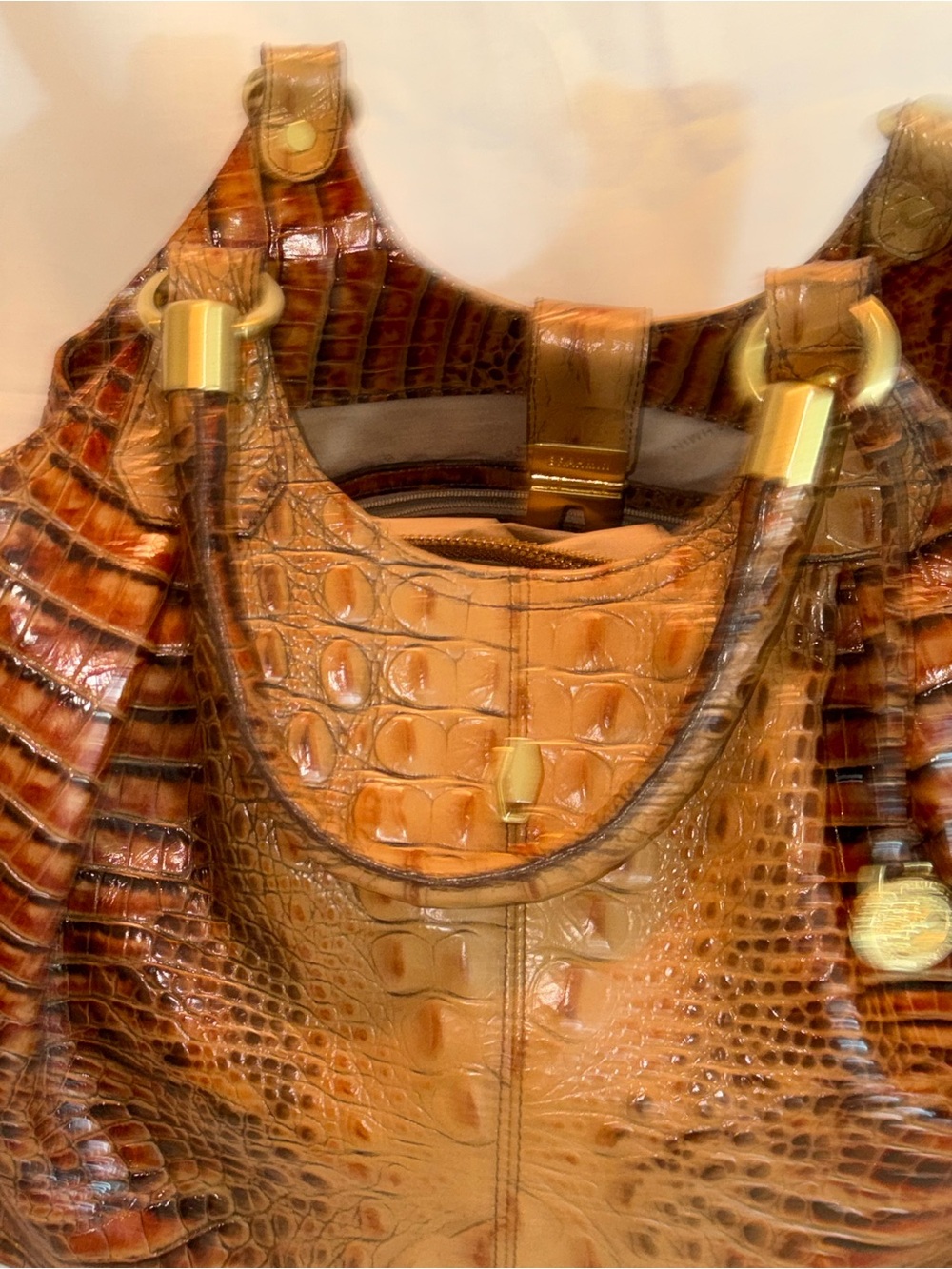 Brahmin Croc-Embossed Shoulder Bag in Tan with Gold Hardware - Picture 6 of 15